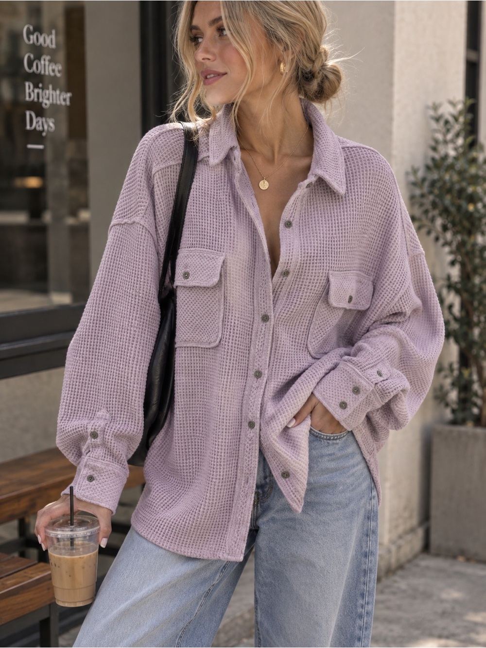 aerie Lavender Waffle Knit Button-Down Shirt
